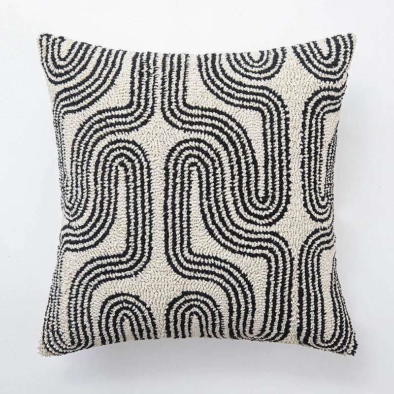 Geometric Embroidered Cushion Cover in Beige and Black