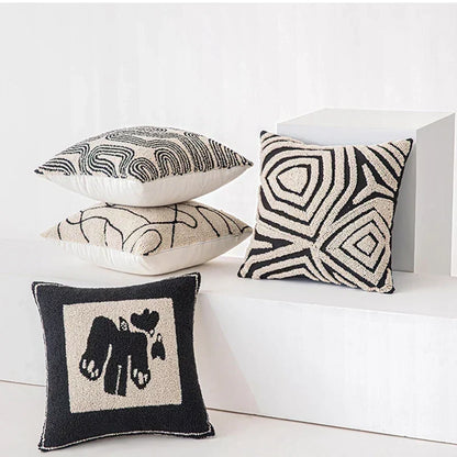 Geometric Embroidered Cushion Cover in Beige and Black