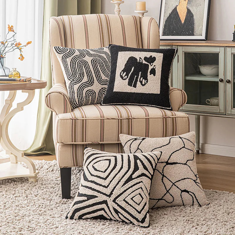 Geometric Embroidered Cushion Cover in Beige and Black