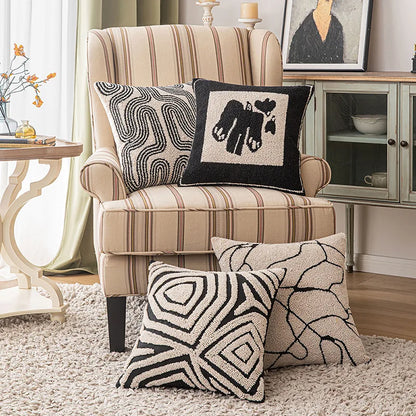 Geometric Embroidered Cushion Cover in Beige and Black