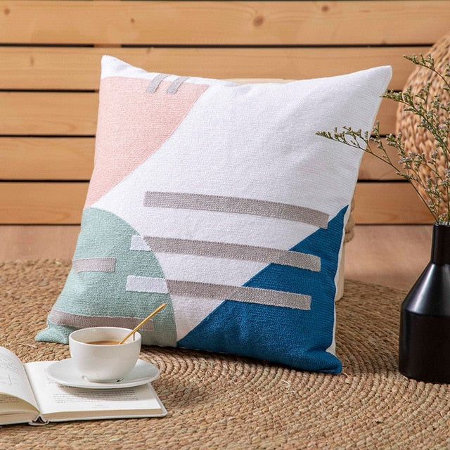 Geometric Flocked Jacquard Cushion Cover with Linen Cotton Blend