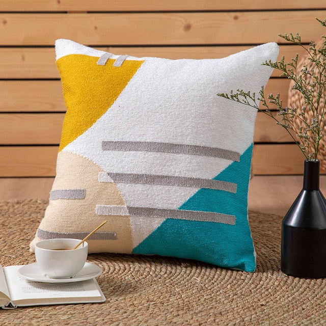 Geometric Flocked Jacquard Cushion Cover with Linen Cotton Blend