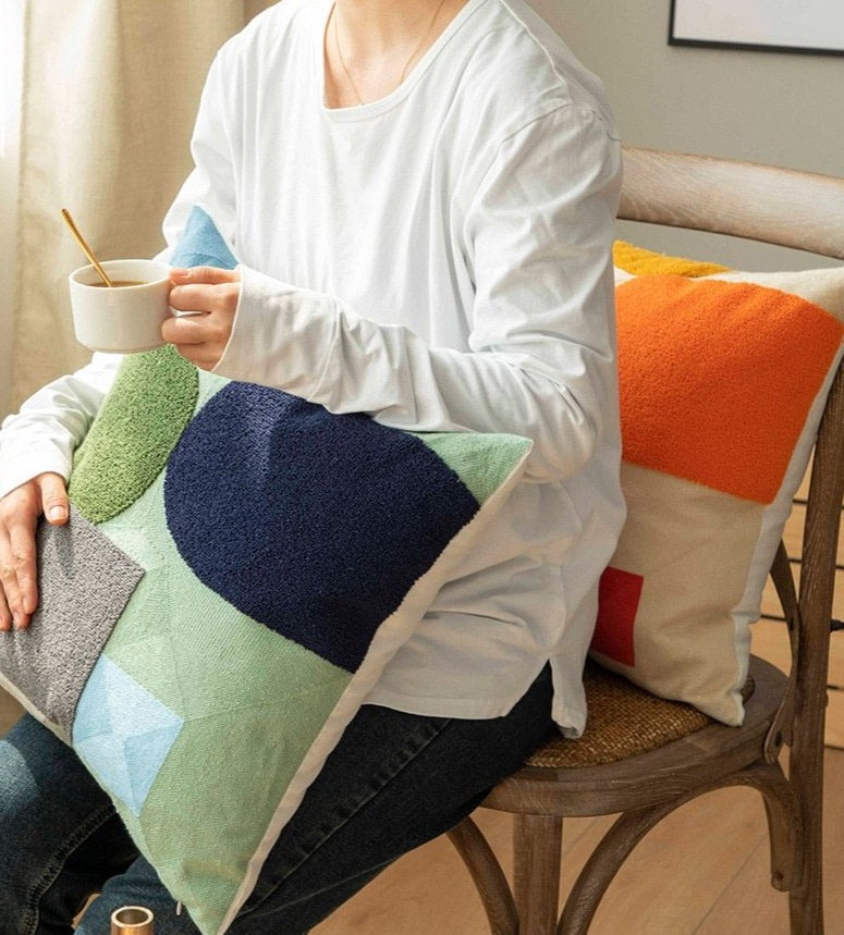 Geometric Flocked Jacquard Cushion Cover with Linen Cotton Blend