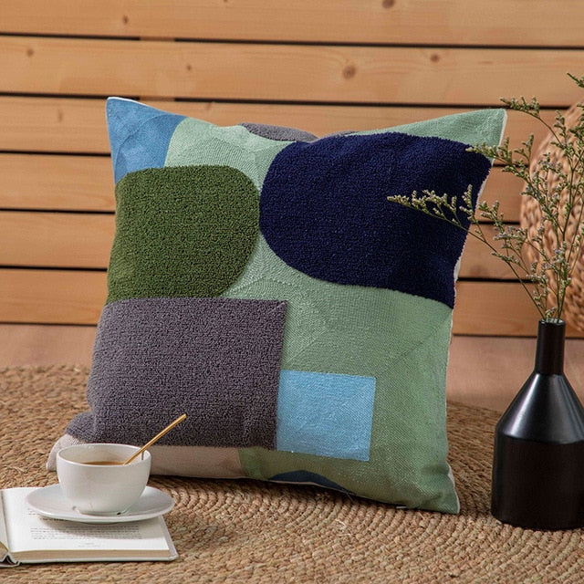 Geometric Flocked Jacquard Cushion Cover with Linen Cotton Blend
