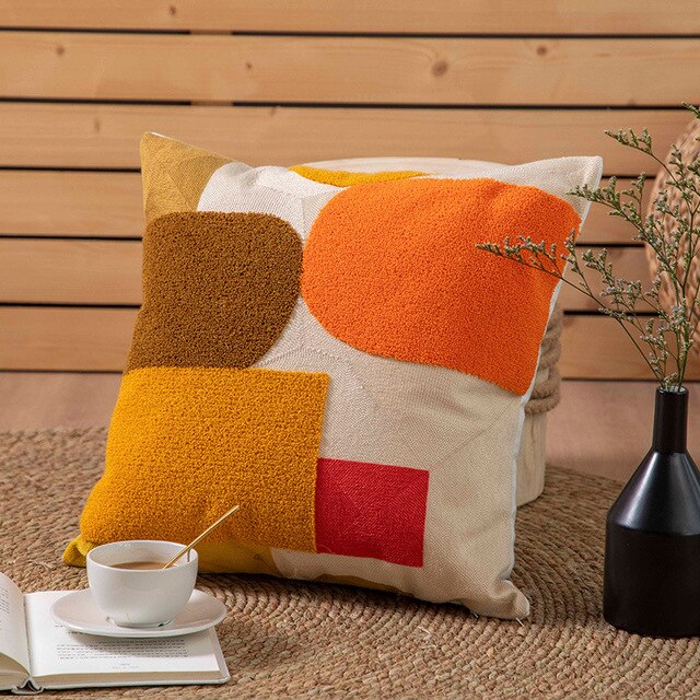 Geometric Flocked Jacquard Cushion Cover with Linen Cotton Blend