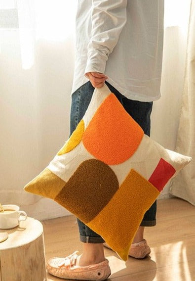 Geometric Flocked Jacquard Cushion Cover with Linen Cotton Blend