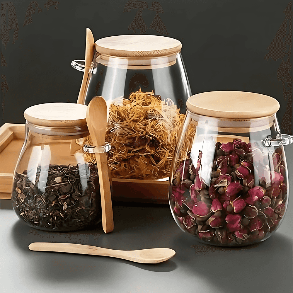 Glass Storage Jar with Bamboo Lid and Spoon