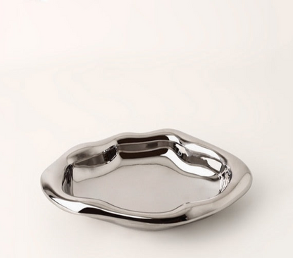 Glazed Ceramic Decorative Tray with Irregular Design