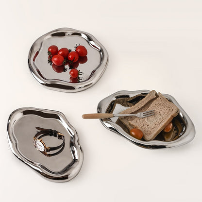 Glazed Ceramic Decorative Tray with Irregular Design