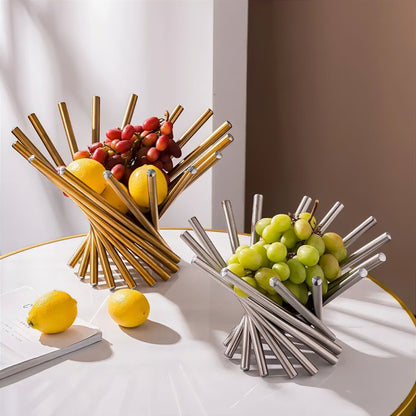 Gold and Silver Metal Fruit Bowl – Round Modern Tabletop Basket
