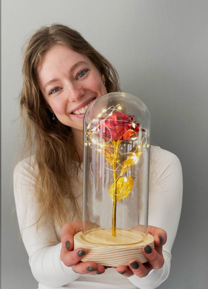 Golden Rose in Glass Dome with LED Lighting and 24K Gold Foil