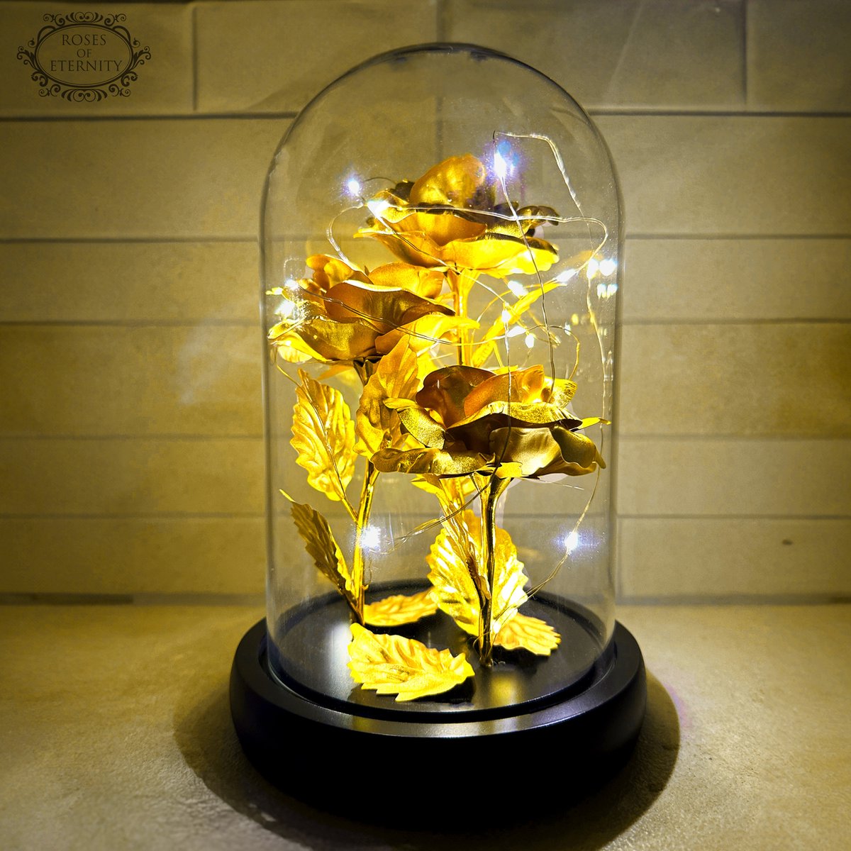 Golden Rose in Glass Dome with LED Lighting and 24K Gold Foil