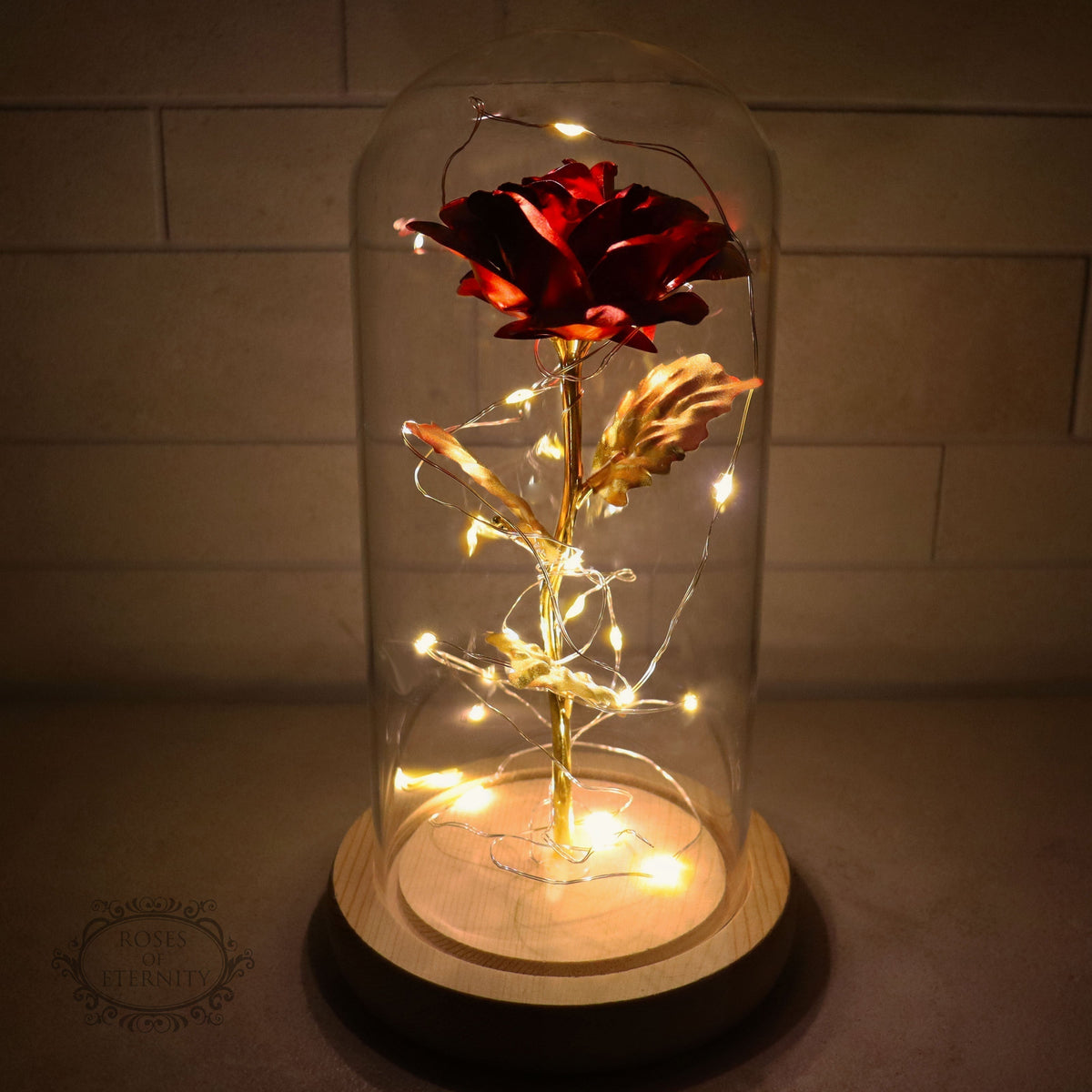 Golden Rose in Glass Dome with LED Lighting and 24K Gold Foil