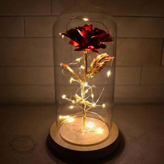 Golden Rose in Glass Dome with LED Lighting and 24K Gold Foil