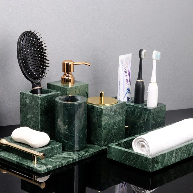 Green Marble Bathroom Set with Gold Soap Dispenser, Tumbler and Tray