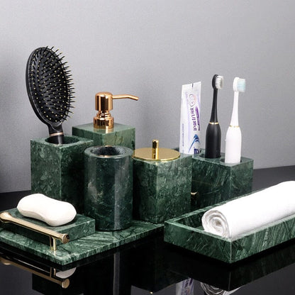 Green Marble Bathroom Set with Gold Soap Dispenser, Tumbler and Tray
