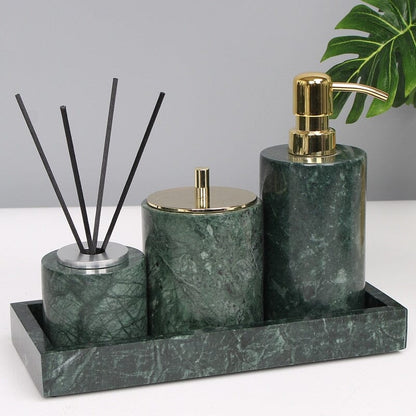 Green Marble Bathroom Set with Gold Soap Dispenser, Tumbler and Tray