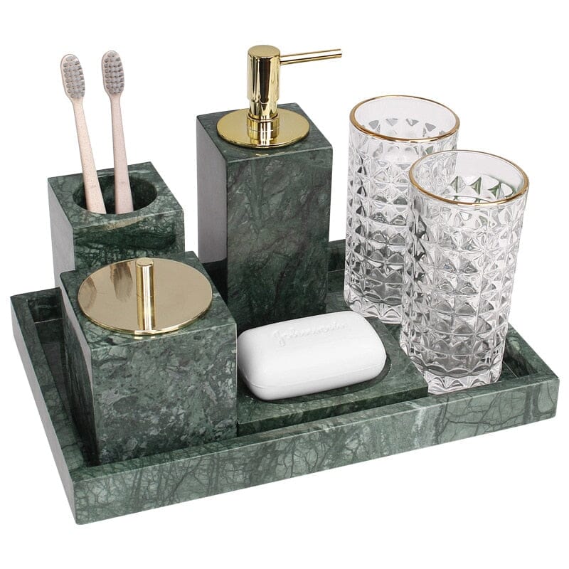 Green Marble Bathroom Set with Gold Soap Dispenser, Tumbler and Tray