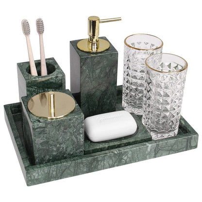 Green Marble Bathroom Set with Gold Soap Dispenser, Tumbler and Tray
