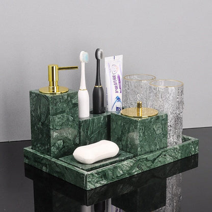 Green Marble Bathroom Set with Gold Soap Dispenser, Tumbler and Tray