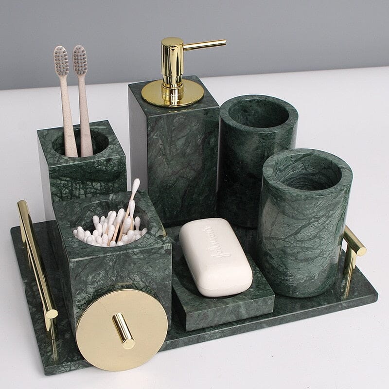 Green Marble Bathroom Set with Gold Soap Dispenser, Tumbler and Tray