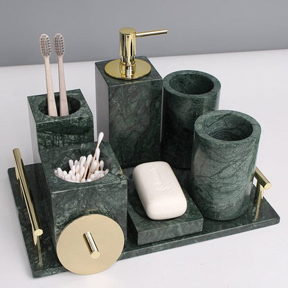 Green Marble Bathroom Set with Gold Soap Dispenser, Tumbler and Tray