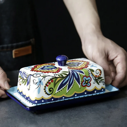 Hand-Painted Ceramic Butter Dish with Traditional Italian Design