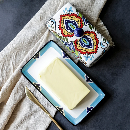 Hand-Painted Ceramic Butter Dish with Traditional Italian Design