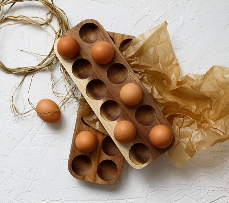 Handmade Acacia Wood Egg Tray for Kitchen Storage