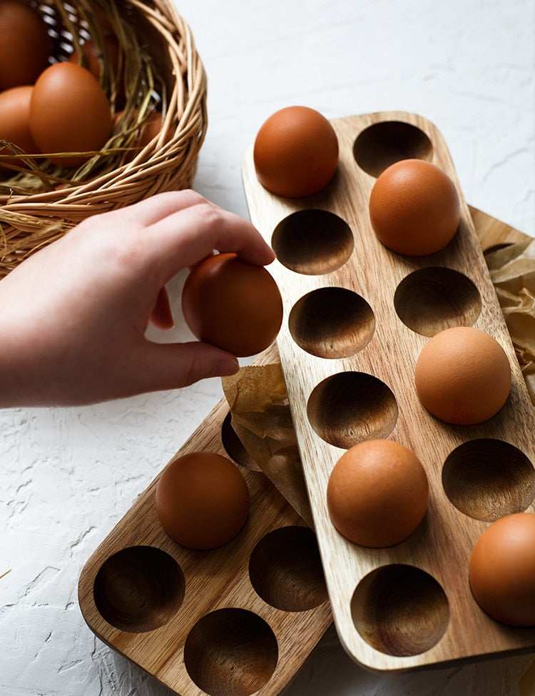 Handmade Acacia Wood Egg Tray for Kitchen Storage