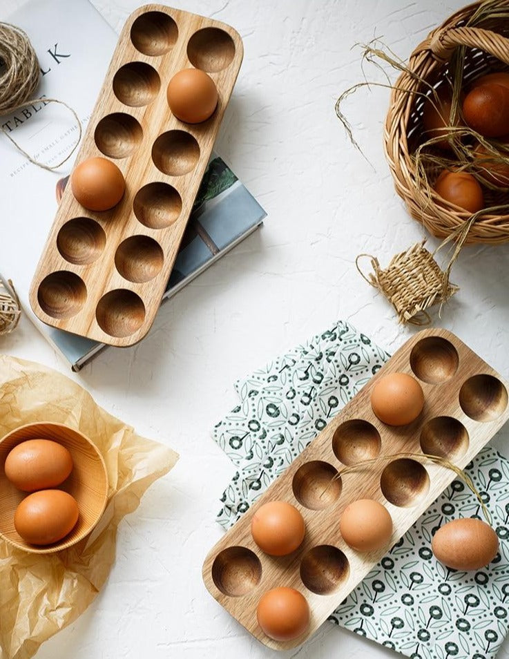 Handmade Acacia Wood Egg Tray for Kitchen Storage
