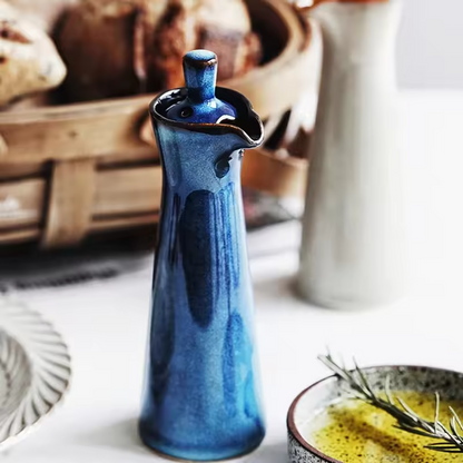 Handmade Ceramic Oil Dispenser with Reactive Glaze and Cork Stopper