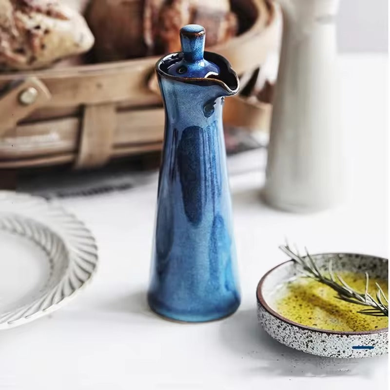 Handmade Ceramic Oil Dispenser with Reactive Glaze and Cork Stopper