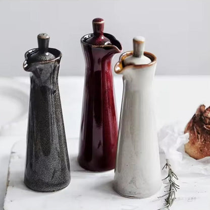 Handmade Ceramic Oil Dispenser with Reactive Glaze and Cork Stopper