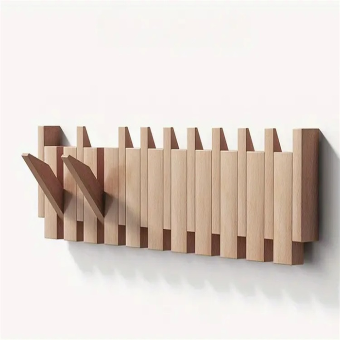 Handmade Piano-Style Wooden Coat Rack with Foldable Hooks for Wall Mounting