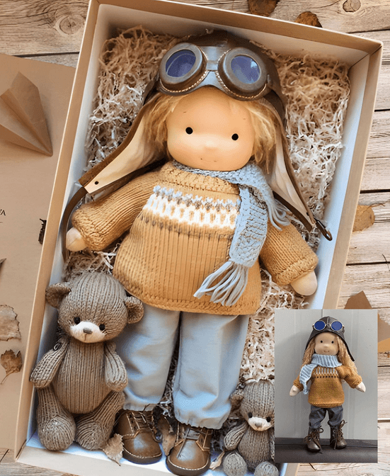 Handmade Waldorf-Style Cuddle Doll with Soft Cotton and Wool, 35cm Natural Soft Toy