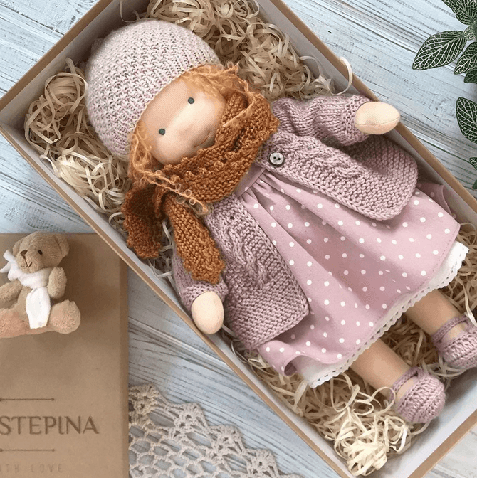 Handmade Waldorf-Style Cuddle Doll with Soft Cotton and Wool, 35cm Natural Soft Toy