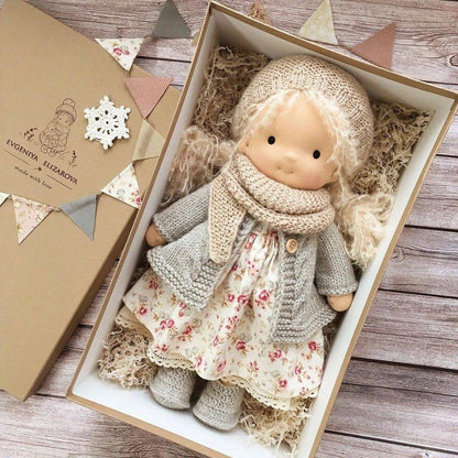 Handmade Waldorf-Style Cuddle Doll with Soft Cotton and Wool, 35cm Natural Soft Toy