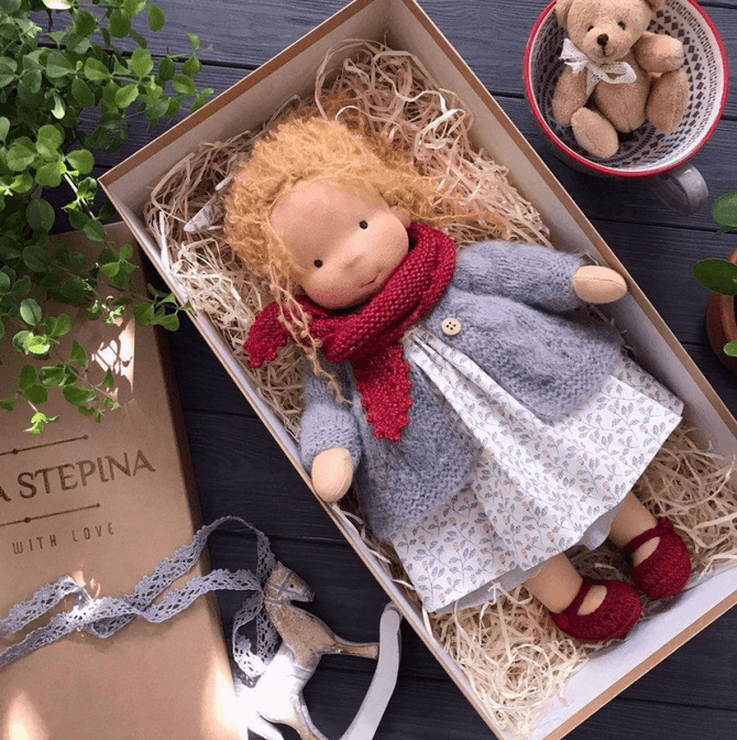 Handmade Waldorf-Style Cuddle Doll with Soft Cotton and Wool, 35cm Natural Soft Toy