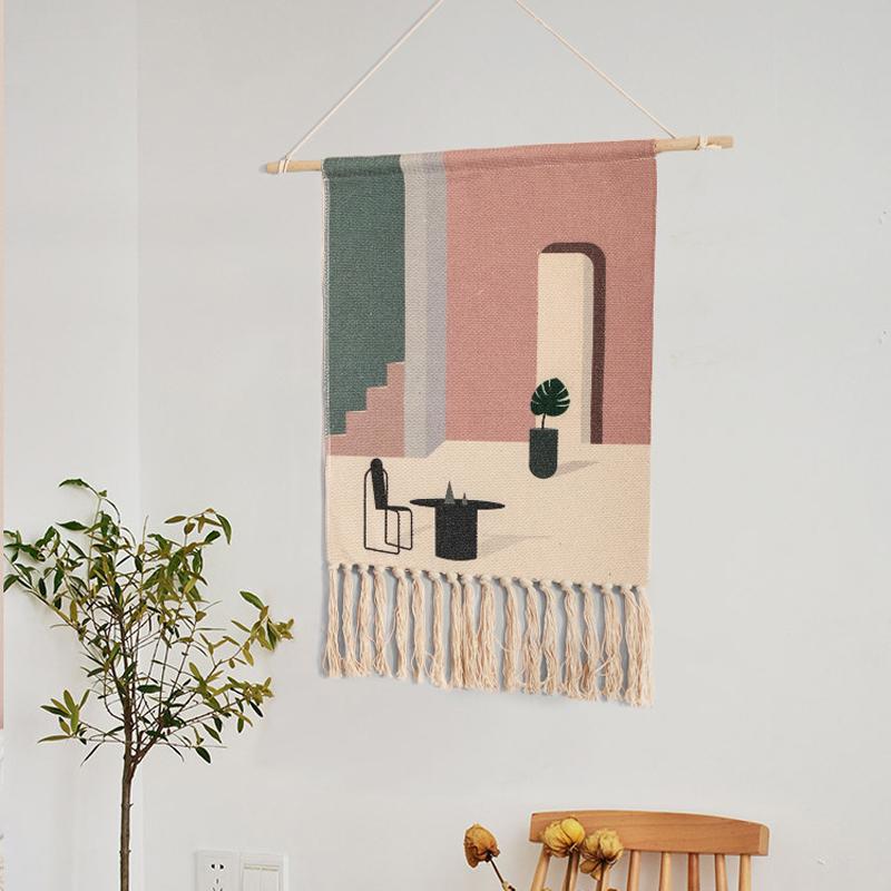 Handwoven Cotton Wall Tapestry with Geometric Design and Tassel Detail