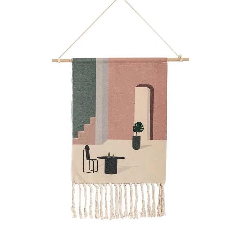 Handwoven Cotton Wall Tapestry with Geometric Design and Tassel Detail
