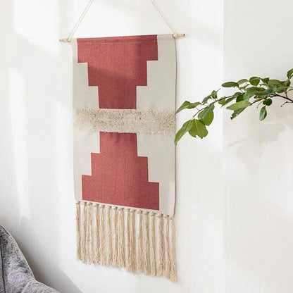 Handwoven Cotton Wall Tapestry with Geometric Design and Tassel Detail