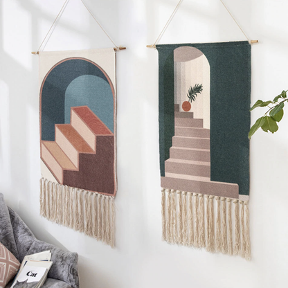 Handwoven Cotton Wall Tapestry with Geometric Design and Tassel Detail