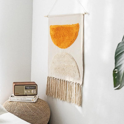 Handwoven Cotton Wall Tapestry with Geometric Design and Tassel Detail