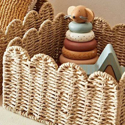 Handwoven Wicker Storage Basket with Wavy Edge in Three Sizes