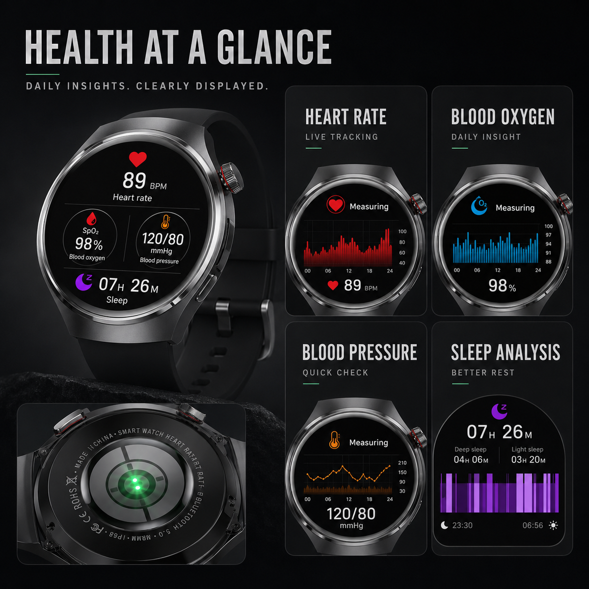Health Smartwatch with Blood Pressure Heart Rate and Blood Oxygen Tracking