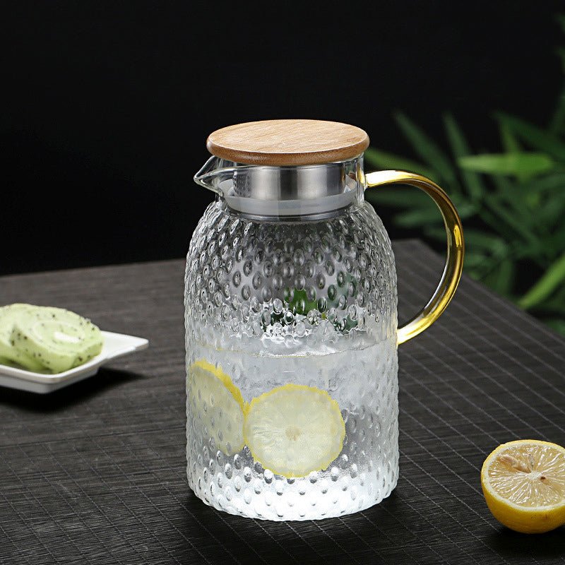 Heat Resistant Textured Glass Jug with Bamboo Lid and Strainer