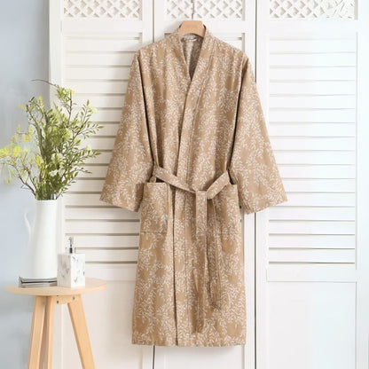 Jacquard Cotton Bathrobe with V-Neck and Adjustable Tie Belt
