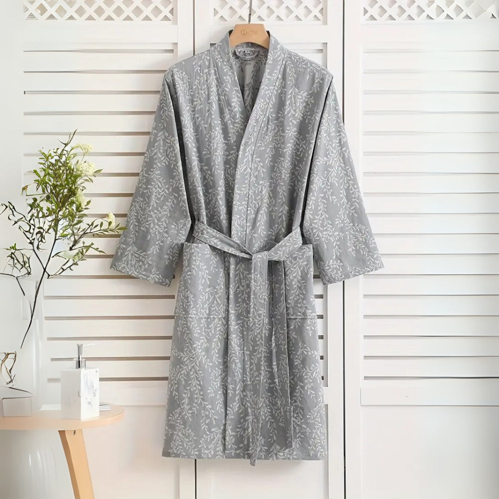 Jacquard Cotton Bathrobe with V-Neck and Adjustable Tie Belt