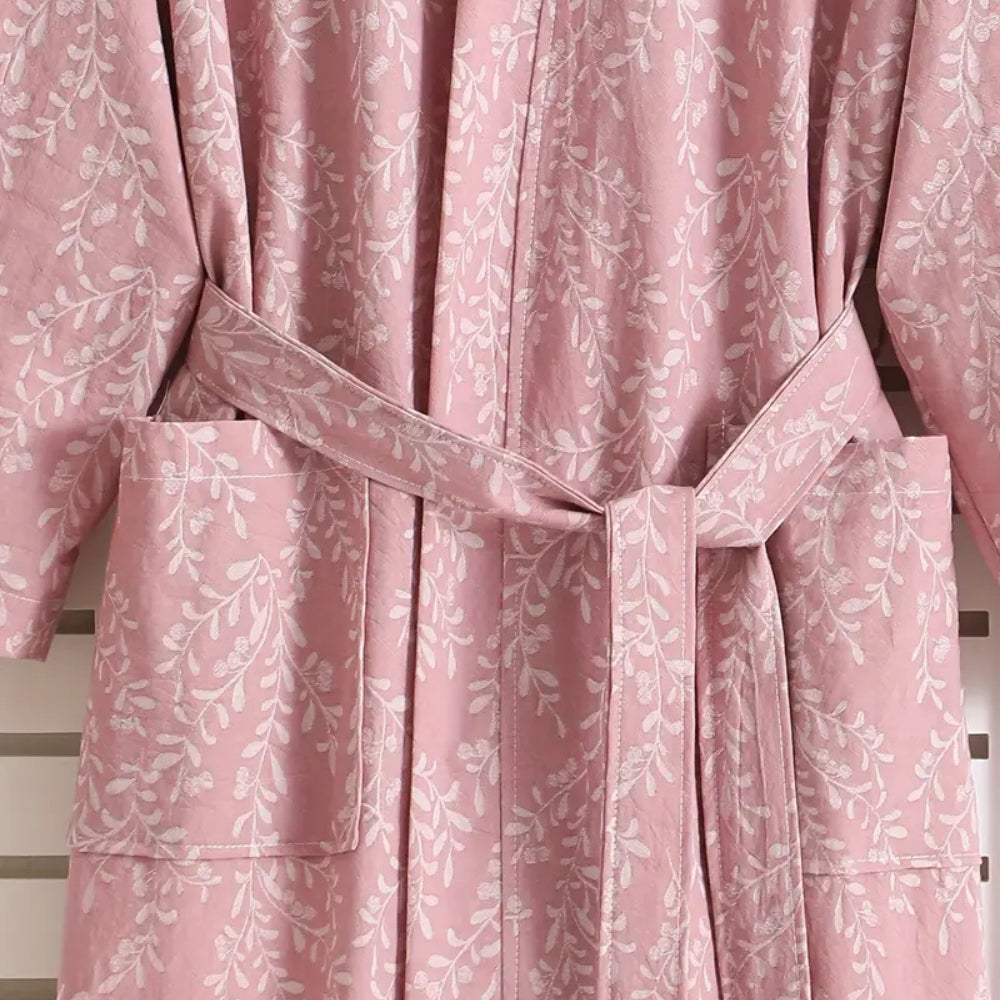 Jacquard Cotton Bathrobe with V-Neck and Adjustable Tie Belt